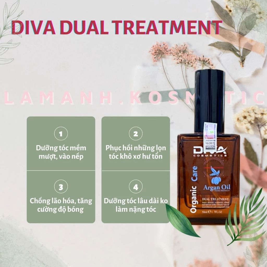 Tinh Dầu Dưỡng Tóc DIVA Argan Oil Dual Treatment 50ml | Dưỡng Tóc Mềm Mượt, Giảm Khô Xơ, Bóng Khỏe.