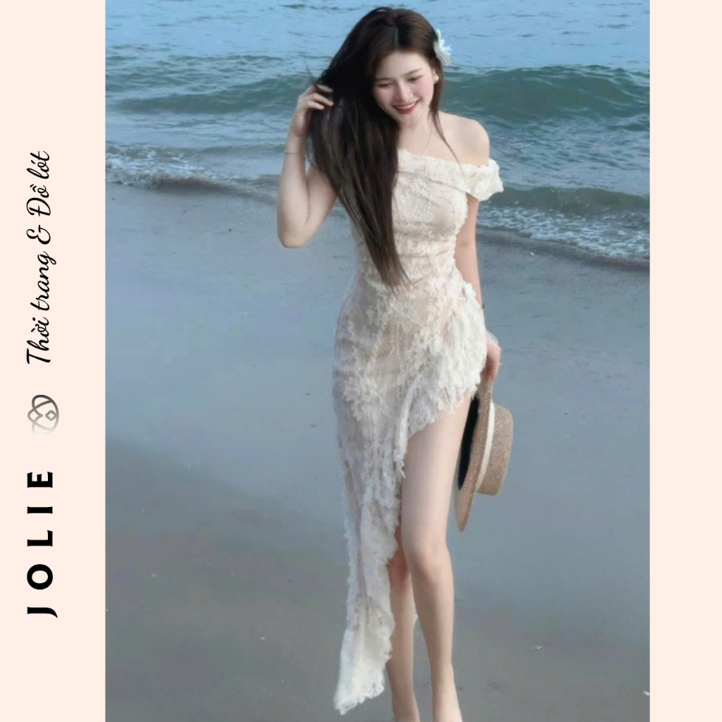 Đầm trễ vai ren họa tiết hoa siêu xinh cho các nàng