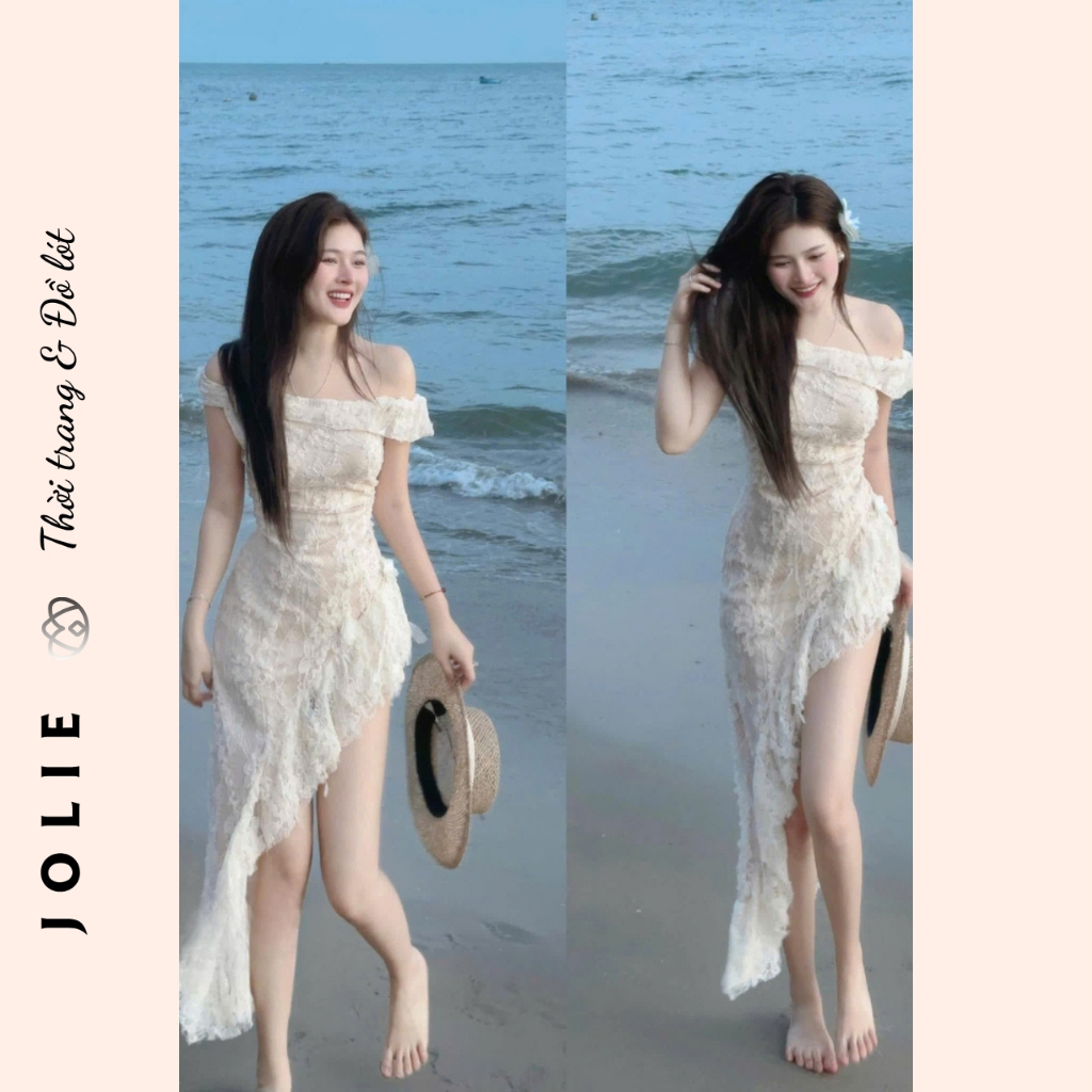 Đầm trễ vai ren họa tiết hoa siêu xinh cho các nàng