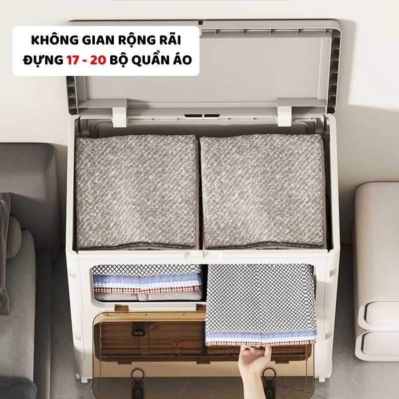 Hộp Đựng Quần Áo Gấp Gọn ENODA HOME, Thùng Nhựa Lớn 130L Đựng Đồ Đa Năng, Cửa Trong Suốt, Có Bánh Xe Q043