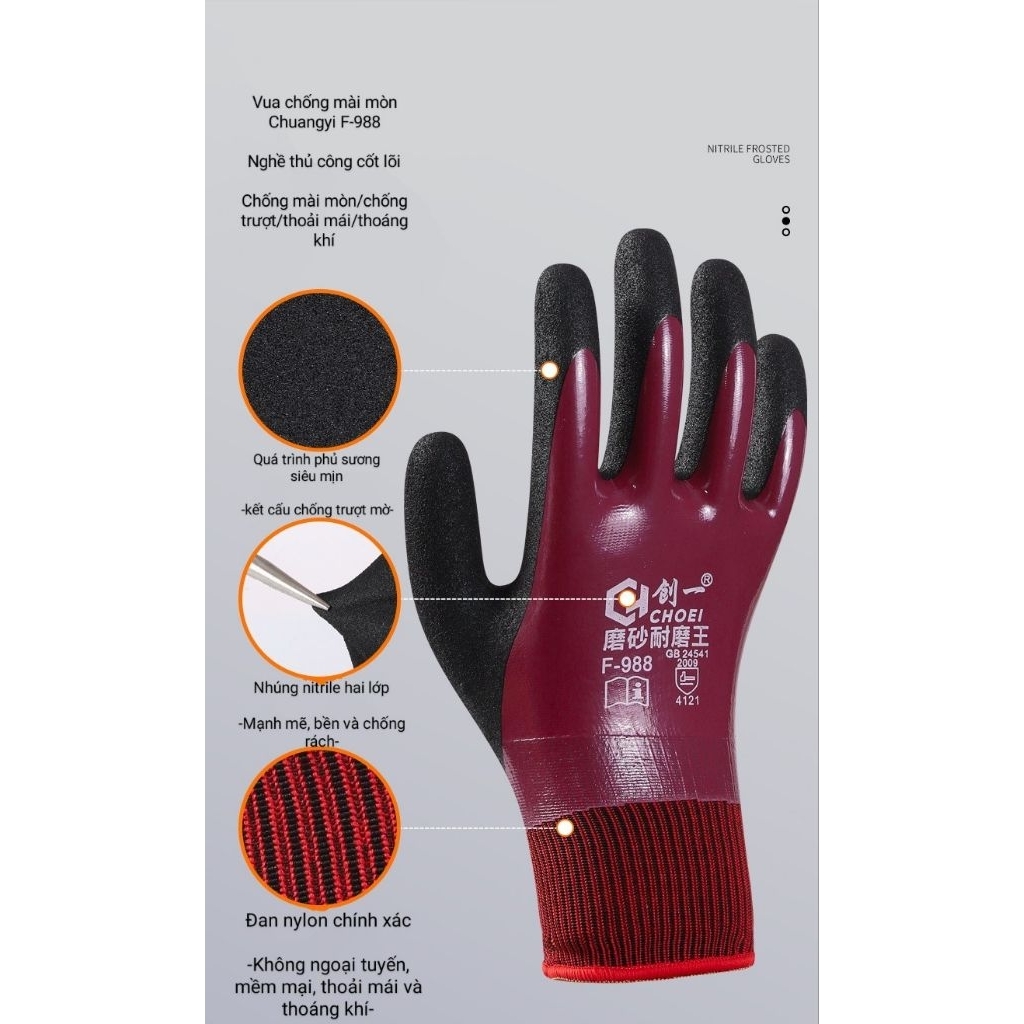 Găng tay CHOEI F988 phủ cao su, nitrile siêu chống mài mòn, chống dầu nhớt,chống nước