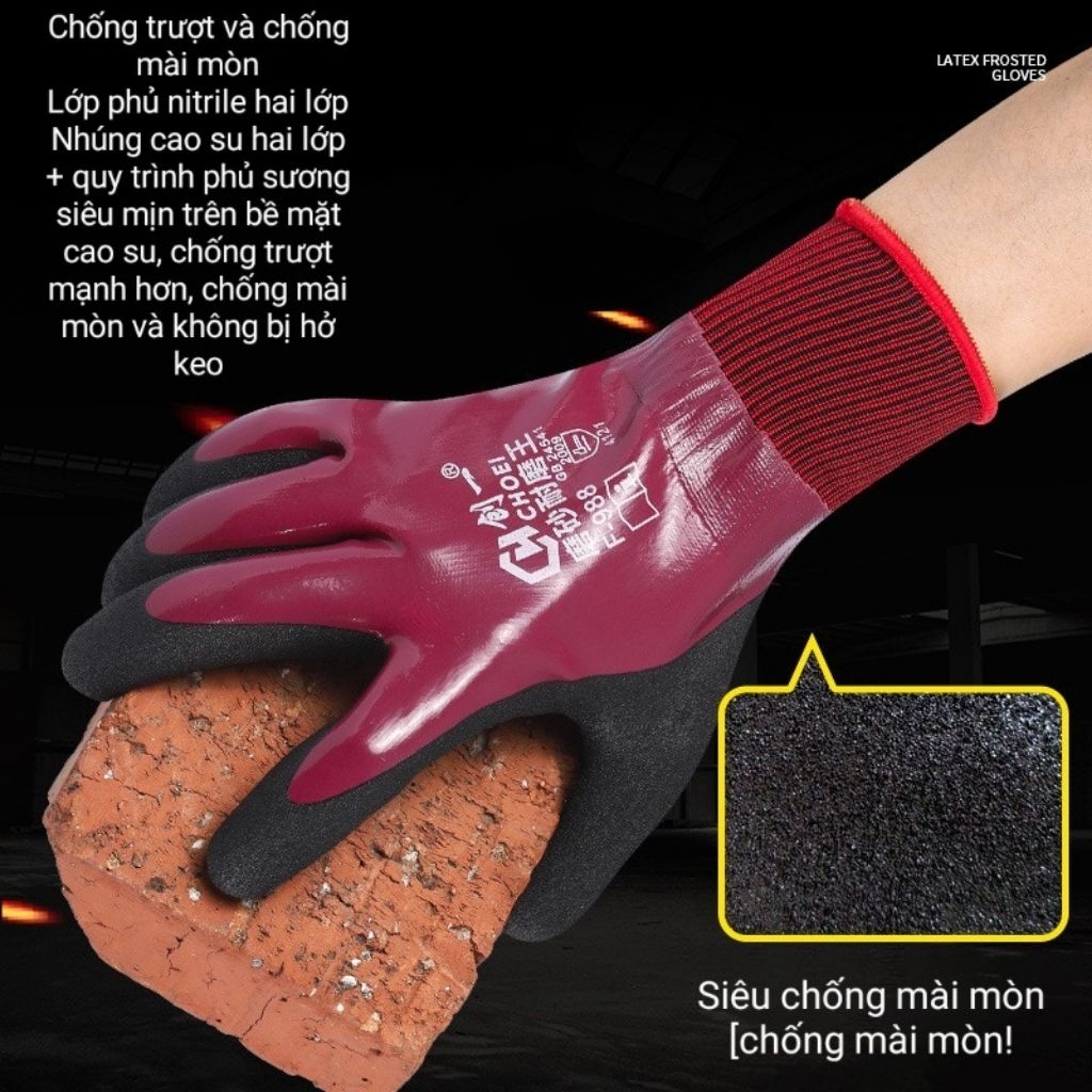 Găng tay CHOEI F988 phủ cao su, nitrile siêu chống mài mòn, chống dầu nhớt,chống nước