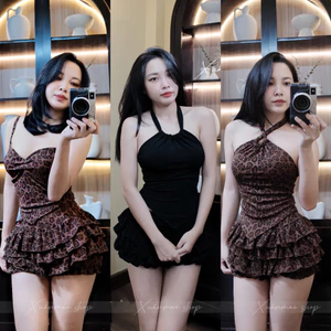 Xuanmaishop[QV TẦNG] Set áo sẵn mút kiểu yếm kiểu 2 dây quần váy tầng áo tà nhọn Xuân Mai Shop