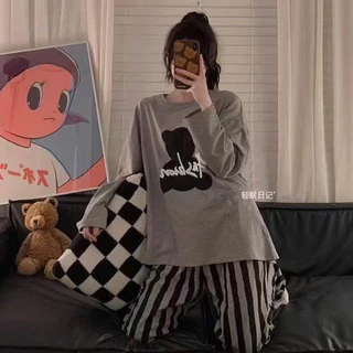 Đồ bộ thun tay dài Quảng Châu, pijama quần dài, đồ mặc ở nhà họa tiết hoạt hình dễ thương, bộ mặc nhà tặng kèm túi