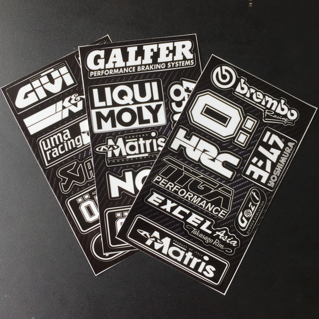 Set 3 tờ logo trắng đen cực ngầu. Decal hình dán cao cấp chống nước không bay màu, chùi rửa thoải mái