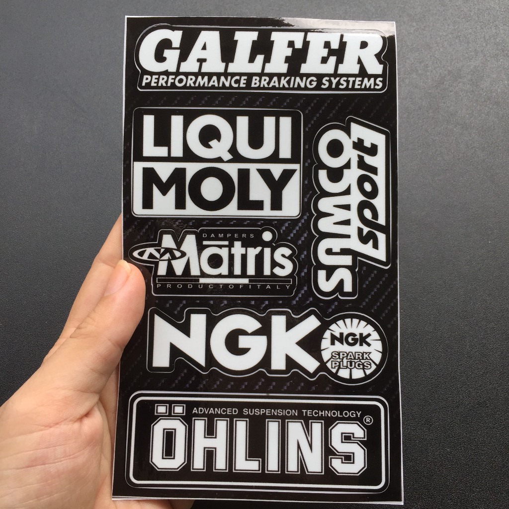 Cặp tem trắng đen Galfer-Liquimoly, logo dán xe chống nước, không bong tróc bay màu. Decal cao cấp