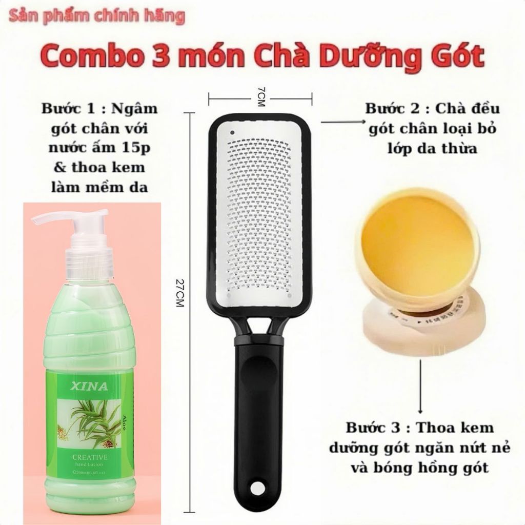 [Ưu Đãi Sản Phẩm Mới] Combo Chà Gót Chân 3 Món Inox Đen Dành Cho Chị Em Làm Tại Nhà - Bộ Gồm Cây Chà Gót, Hủ Kem Mềm Da