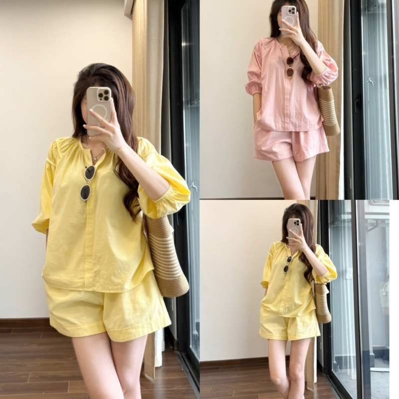 Bộ Sơ Mi Đũi Nữ Màu Vàng Cổ Trụ, Quần Short, Sét Tay Lỡ Cổ Tàu V Nhún Eo Xinh Xắn Dạo Phố, Du Lịch