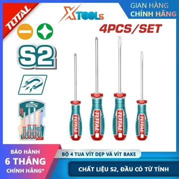 Bộ 4 tua vít dẹp và vít bake TOTAL TKSDS0426 tua vít đa năng S2, từ tính tua vít cơ khí, công nghiệp, gia đình, cao cấp