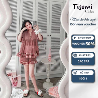 Đồ ngủ nữ, bộ pijama kiểu babydoll kẻ caro - nữ tính mix quần short siêu xinh Tisumi Clothes HCOM25434