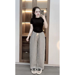 Set bộ áo babytee trơn mix quần xuông kẻ dọc kate