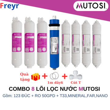 Combo 8 Lõi Lọc Nước Mutosi - Bộ Lõi Đúc 1 2 3, Màng RO 50GPD, Lõi T33, Far, Min, Nano, Chính Hãng