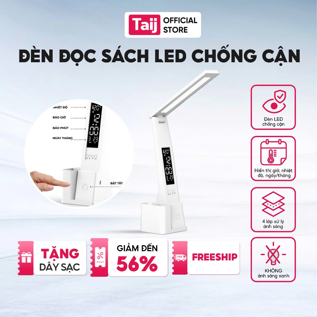 Đèn học chống cận, Đèn đọc sách LED tích hợp màn hiển thị thời gian, lịch, nhiệt độ, có ống đựng bút