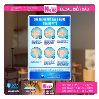 Decal Dán Quy Trình Rửa Tay Thường Quy 6 Bước Theo Tiêu Chuẩn Bộ Y Tế, Decal Chống Nước - Dán Tường, Gạch, Kính, Gỗ.