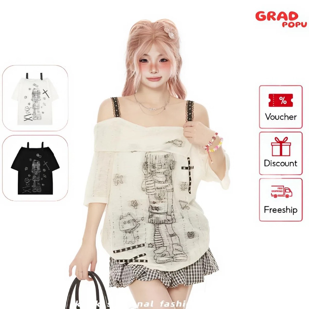 Áo thun nữ trễ vai GRADPOPU in hình cô bé hoạt hình phong cách độc lạ Harajuku form rộng Ulzang AN18