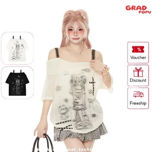 Áo thun nữ trễ vai GRADPOPU in hình cô bé hoạt hình phong cách độc lạ Harajuku form rộng Ulzang AN18