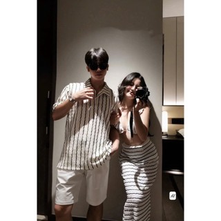 Set đồ đôi đi biển áo sơ mi form rộng kẻ sọc kèm váy hai dây chân ống dáng dài xinh  cá tính cho các cặp – BaoTrang.clot