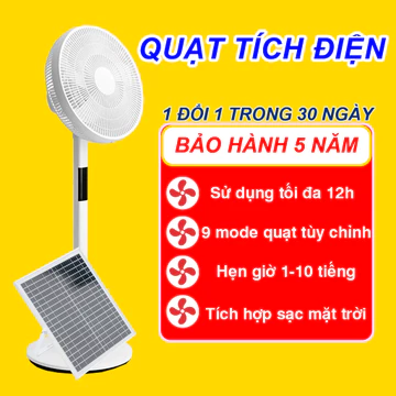 Quạt tích điện kèm tấn năng lượng mặt trời, remote sử dụng tối đa 12h,tùy chỉnh 9 mức độ quạt, 5 cánh quạt siêu mát