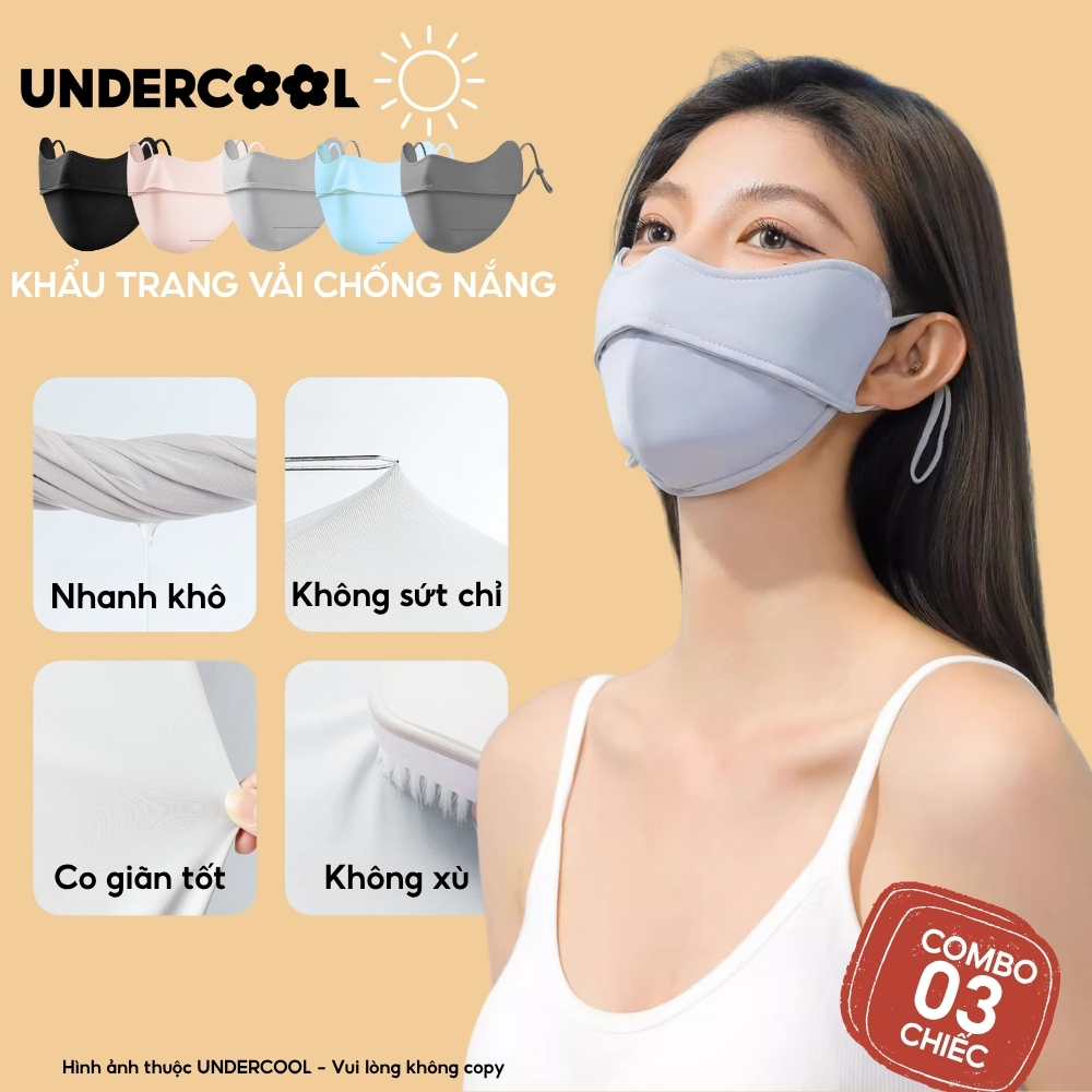 COMBO 3 Khẩu Trang Vải Chống Nắng UV 5D UNDERCOOL UPF+ Unisex Chống Nắng Chính Hãng, Vải Lụa Băng Mềm Mịn Mát CB08-KT03