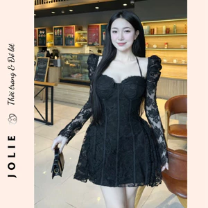 Đầm Ren Tay Dài Phối Trễ Vai Cổ Yếm Tiểu Thư JOLIE