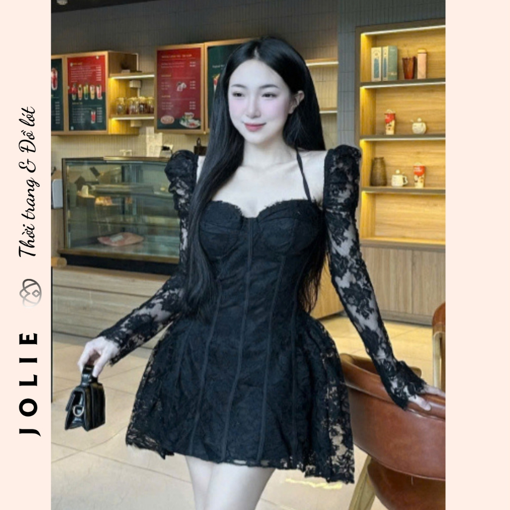 Đầm Ren Tay Dài Phối Trễ Vai Cổ Yếm Tiểu Thư JOLIE