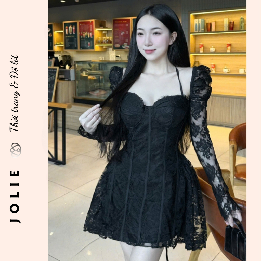 Đầm Ren Tay Dài Phối Trễ Vai Cổ Yếm Tiểu Thư JOLIE