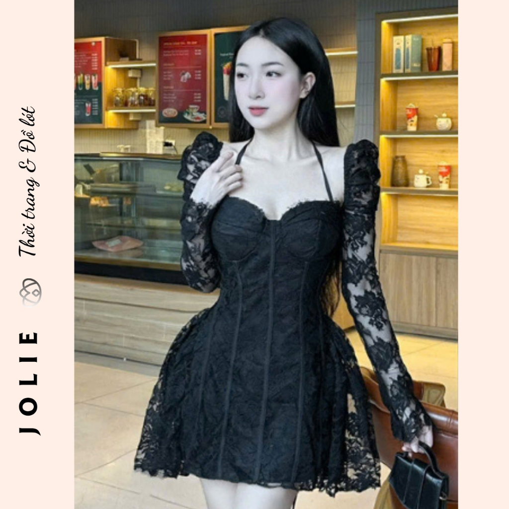 Đầm Ren Tay Dài Phối Trễ Vai Cổ Yếm Tiểu Thư JOLIE