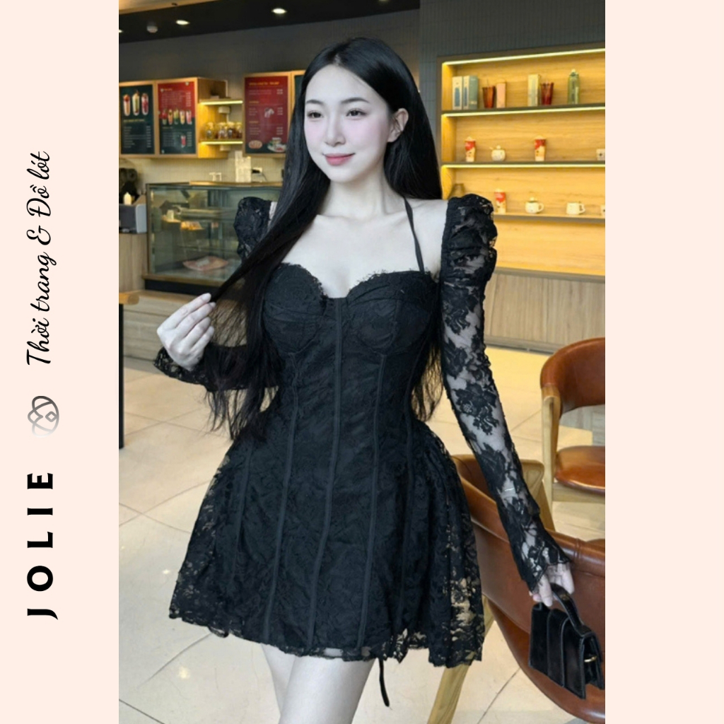 Đầm Ren Tay Dài Phối Trễ Vai Cổ Yếm Tiểu Thư JOLIE