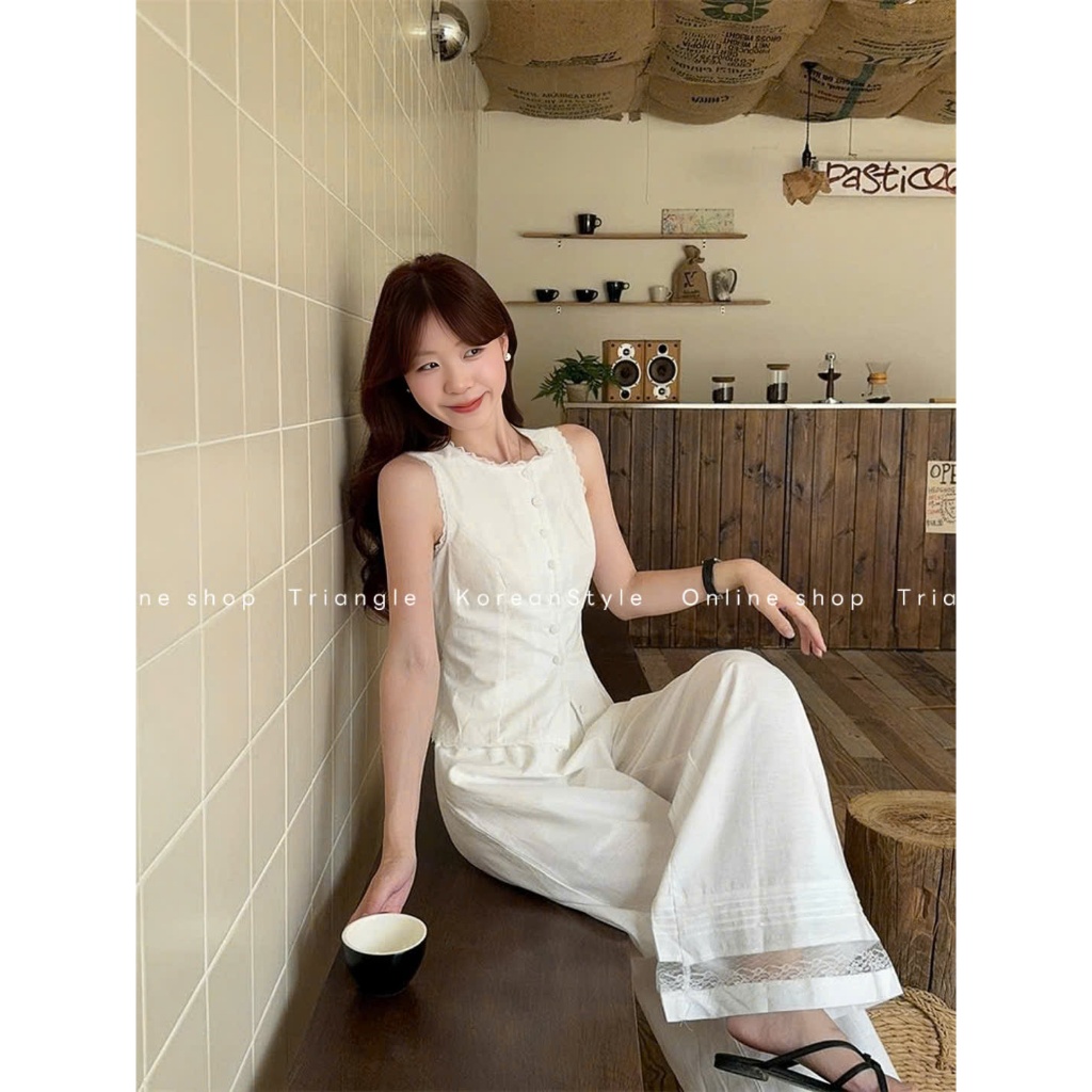 Triangle - Avocado Set (Giá thanh lý, không hoàn) - Set áo gile mix quần ống rộng phối ren