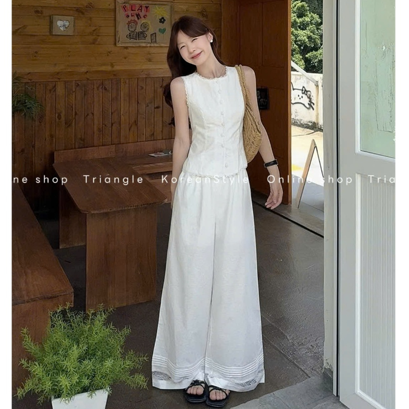 Triangle - Avocado Set (Giá thanh lý, không hoàn) - Set áo gile mix quần ống rộng phối ren