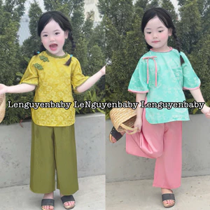 Bộ bà ba Nhã Chi chất vải gấm mềm mát size 7kg - 35kg/ Bộ quần áo bé gái