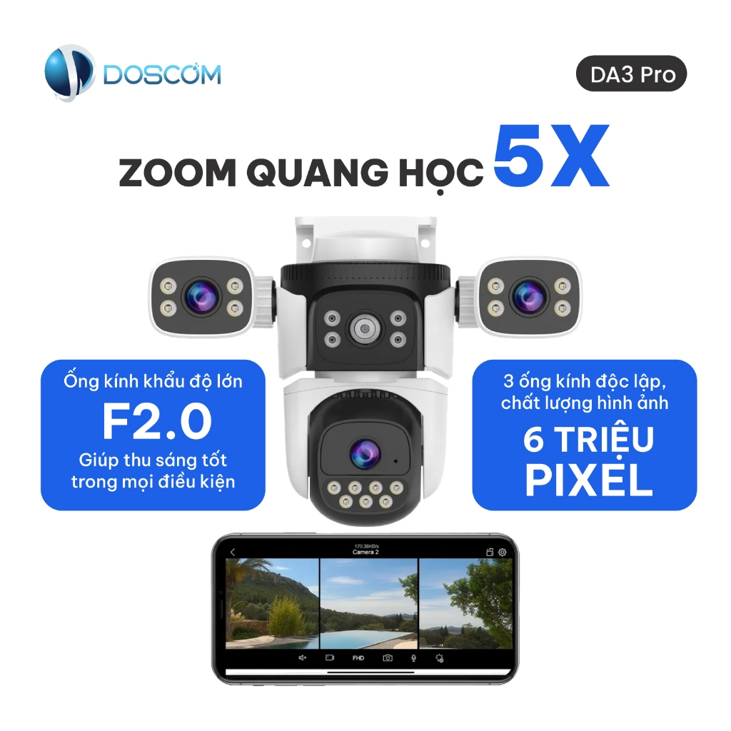 Camera Wifi Doscom DA3 Pro Tích Hợp 3 Ống Kính - Giám Sát An Ninh 360 độ, Đàm Thoại 2 Chiều