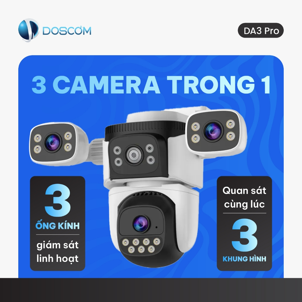 Camera Wifi Doscom DA3 Pro Tích Hợp 3 Ống Kính - Giám Sát An Ninh 360 độ, Đàm Thoại 2 Chiều