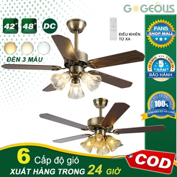 Quạt trần đèn cánh gỗ kèm bas gắn trần quạt trần Siêu êm, siêu mát, Lõi đồng, trang trí phòng khách