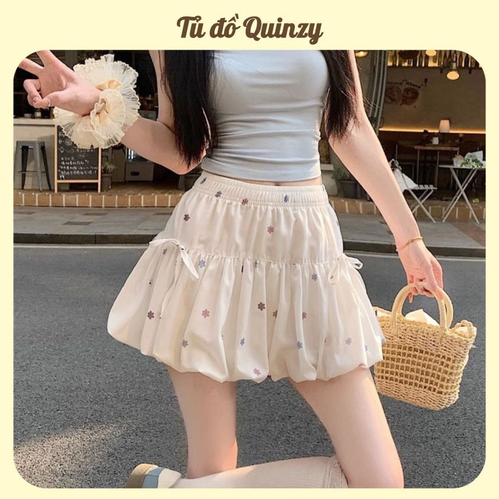 TudoQuinzy Chân váy trắng bí phồng họa tết hoa cúc đính nơ dáng xòe chân váy ngắn xòe phối nơ dáng phồng có lót trong