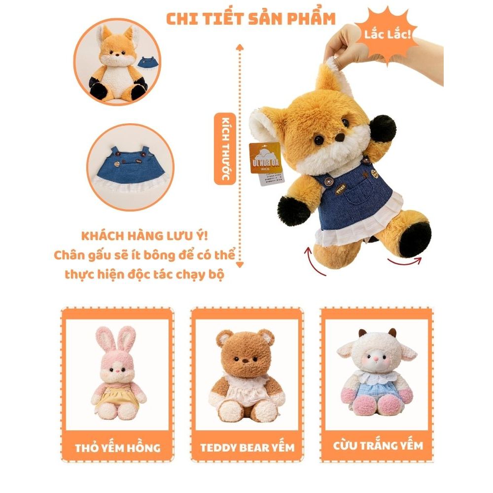Gấu bông động vật Chó Cừu Cáo mặc yếm dễ thương, Thú nhồi bông động vật chạy bộ làm quà tặng cho bé