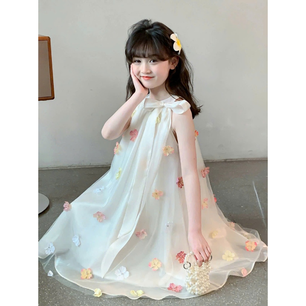 Đầm thiết kế bé gái đính hoa thủ công, váy công chúa bé gái, đầm đi tiệc sinh nhật bé gái size đại