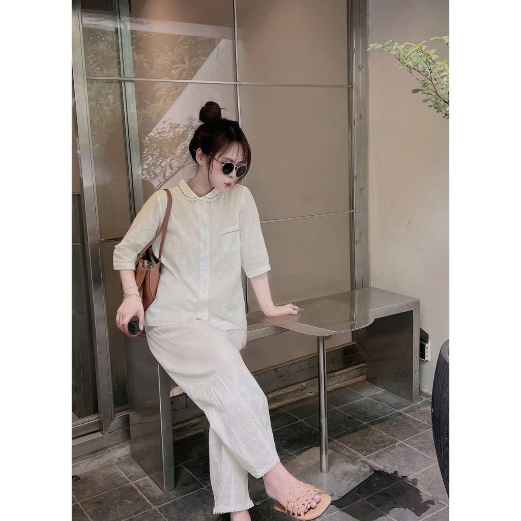 Set bộ đồ Đào design 2 chi tiết áo sơ mi dài tay cổ tàu mix quần dài ống suông thiết kế sang chảnh