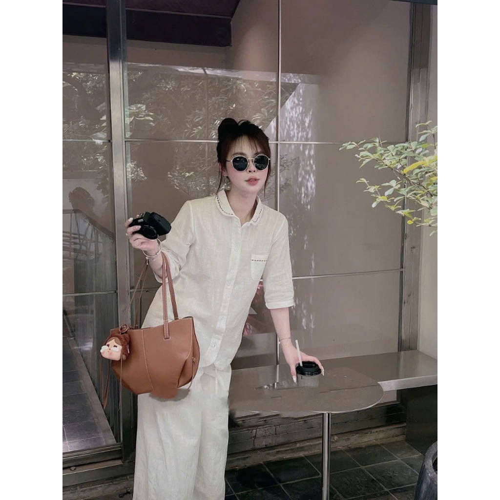 Set bộ đồ Đào design 2 chi tiết áo sơ mi dài tay cổ tàu mix quần dài ống suông thiết kế sang chảnh