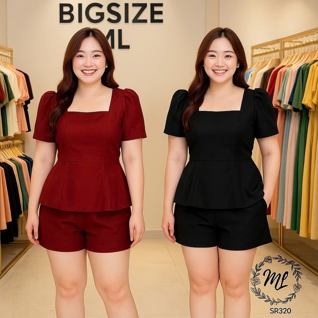 Sét bộ bigsize công sở thun poly phối tay bồng cổ vuông sang xinh nhẹ nhàng che dáng cực chuẩn SR320