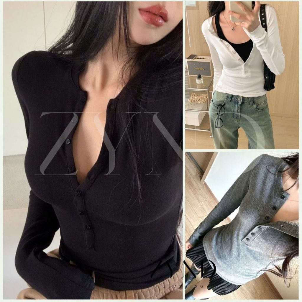 ÁO THUN BODY DÀI TAY ZYND Áo thun có cúc ngực ôm body tôn dáng vải mịn -AT-M129