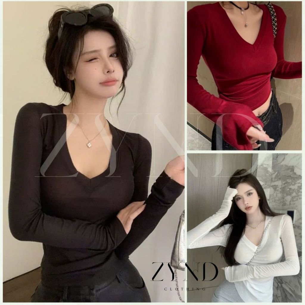 Áo thun tăm lông thỏ cổ V dài tay, áo thun trơn ôm body tôn dáng AT-M222_ZynD Clothing