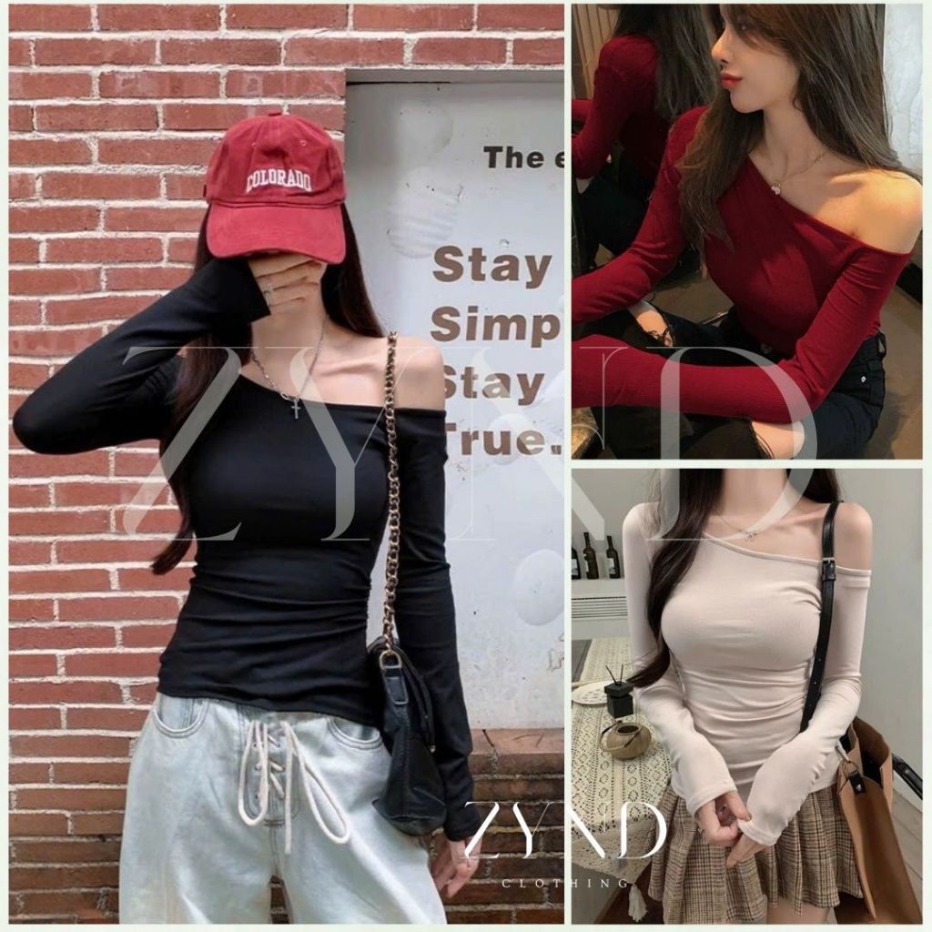 Áo thun ôm lệch vai basic, áo kiểu nữ trễ vai tay dài chất  thun tăm lông thỏ AT-M126_ ZynD Clothing