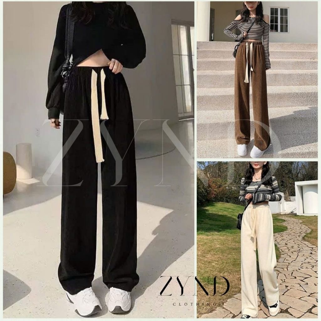 Quần nỉ thun tăm ống rộng ZYND cạp cao có dây rút mẫu mới AT-M909