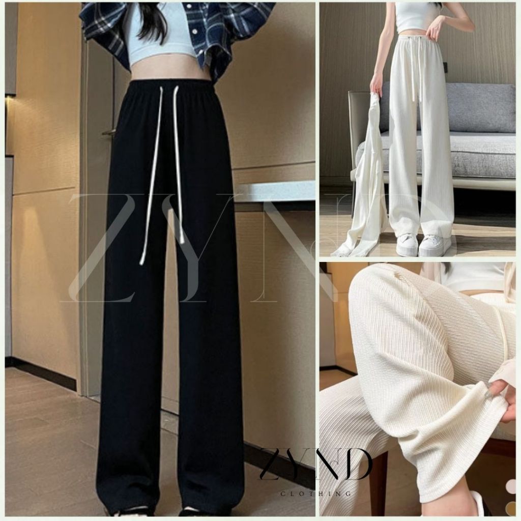 Quần vải ống rộng cho nữ, cạp cao sọc vân co giãn dáng dài giản dị AT-M110_ ZynD Clothing