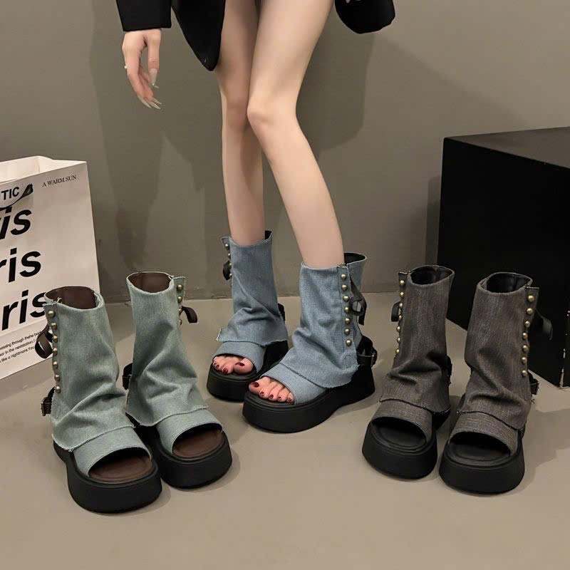 (Sẵn đen 36,38 xanh 36) Giày Bốt Quần Kiểu Pháp Đế Độn 6cm Cá Tính Thời Trang Mùa Hè 2025