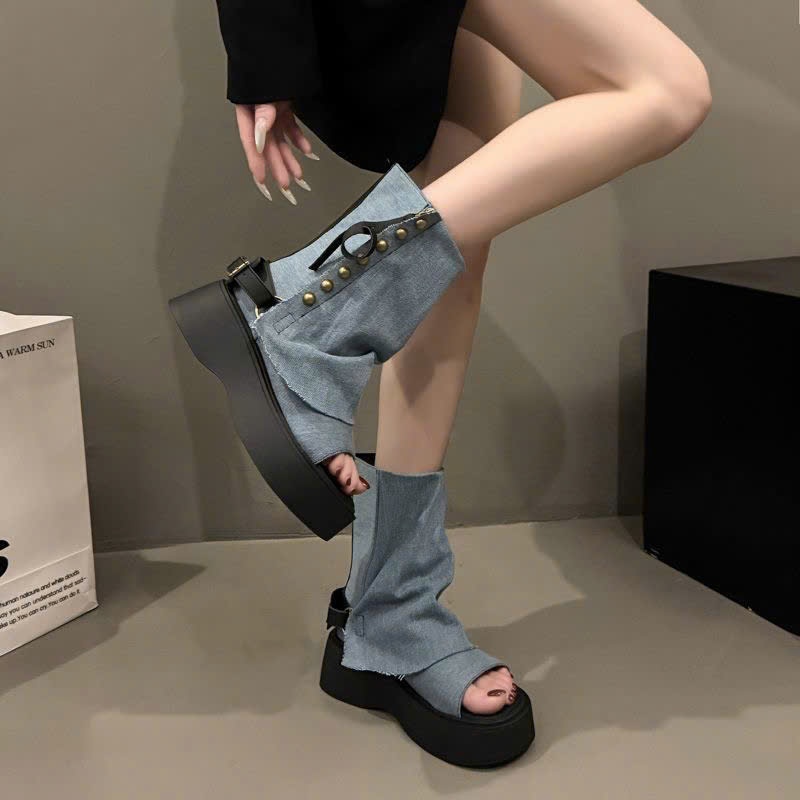 (Sẵn đen 36,38 xanh 36) Giày Bốt Quần Kiểu Pháp Đế Độn 6cm Cá Tính Thời Trang Mùa Hè 2025