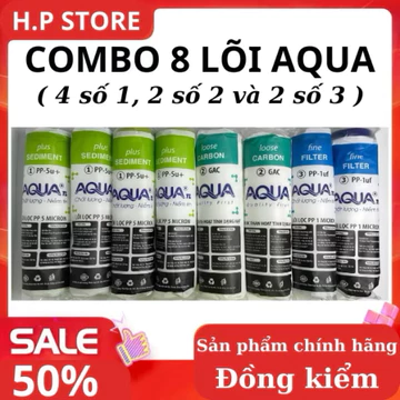 (Freeship) Combo 8 lõi lọc nước AQUA 10in gồm 4 lõi số 1, 2 lõi số 2 và 2 lõi số 3 lắp được cho tất cả các loại máy lọc
