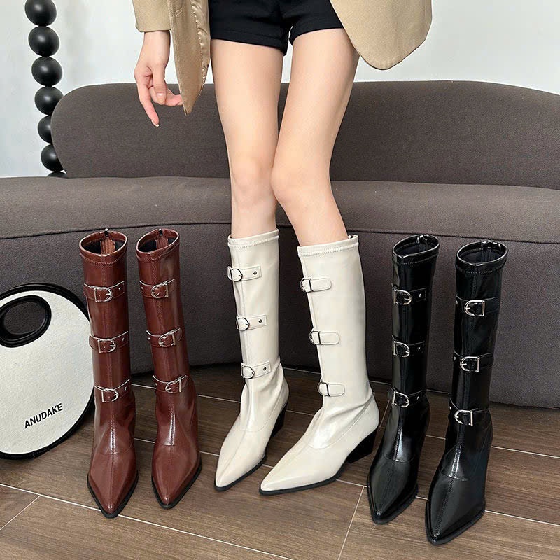 (Sẵn trắng 37,38 đen 35) Giày Bốt Cao Cổ Maillard Mũi Nhọn Da Thật Thời Trang Ulzzang