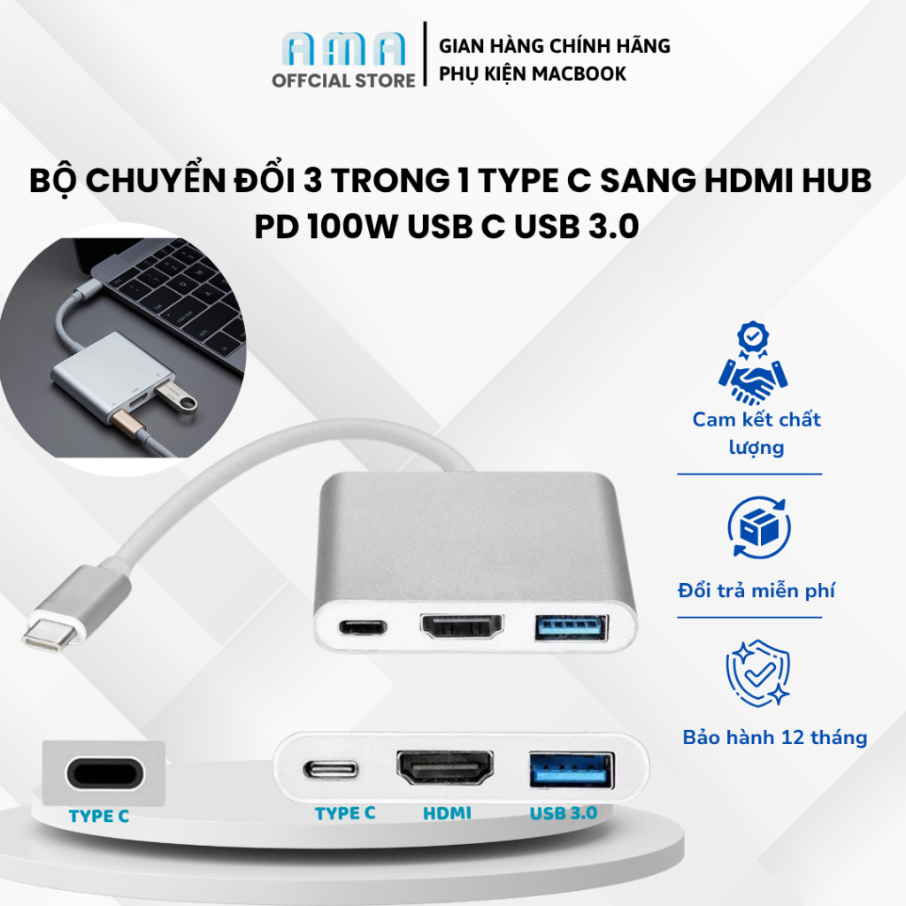 Hub Type C 3 trong 1 to HDMI 4K-30Hz cho Macbook/iPad/Laptop 3 cổng ...